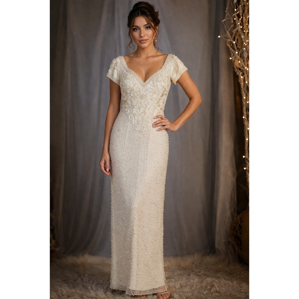 Ted Lapidus Gatsby Silk Ivory Maxi‎ Dress Ethereal Beaded Wedding Size 8 Antique